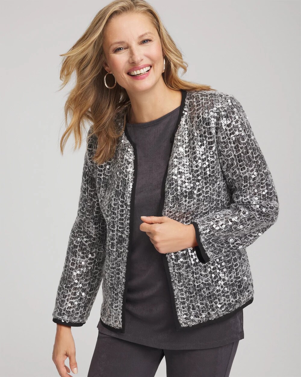 Jeket Collection Travelers™ Collection Refined Sequins Netted Jacket SERENE GRAY - Chico's